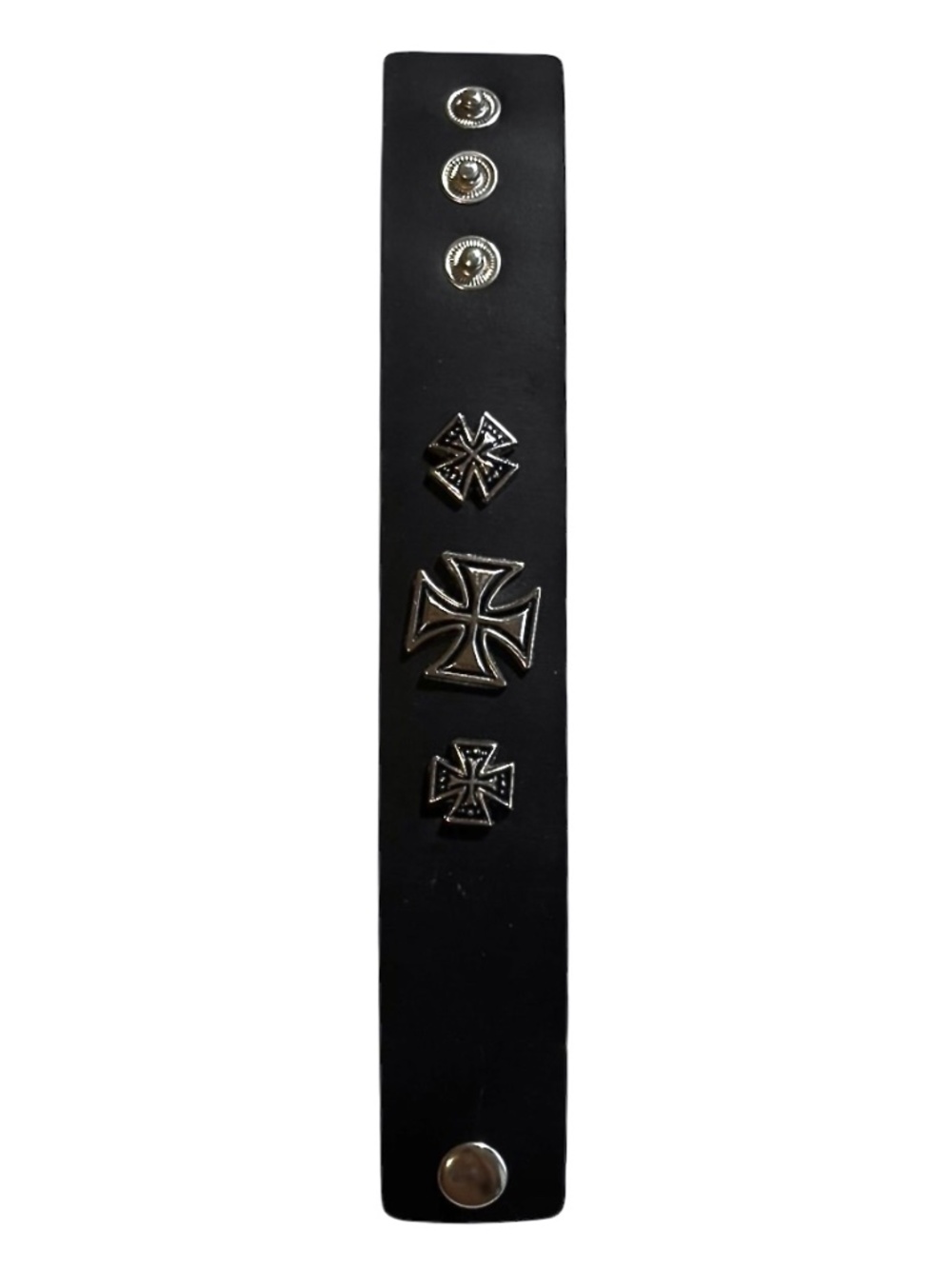 Black leather cuff bracelet featuring three silver-toned Cross - Picture 3 of 3